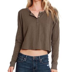 BOBI Los Angeles Olive Button Henley Crop Long Sleeve Top M